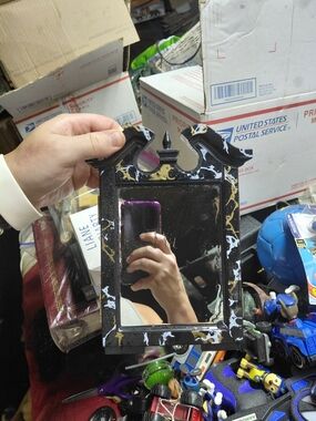 tabletop triptych mirror black frame with gold and white marbling detail plastic
